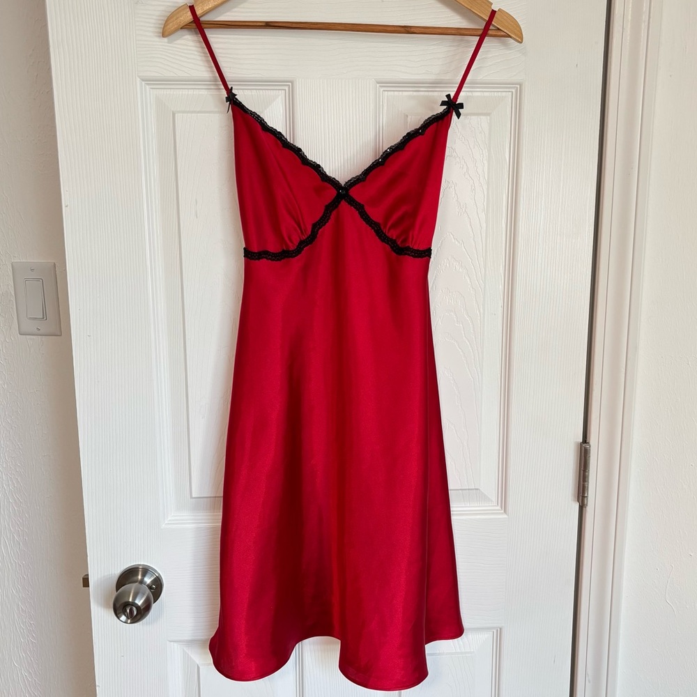 vtg California Dynasty red satin slip dress with lacey trim size large
